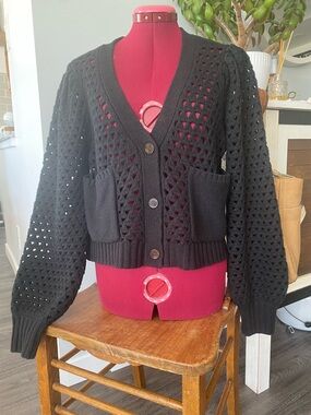 saltwater LUXE Black Open-Weave Button Front Cardigan
